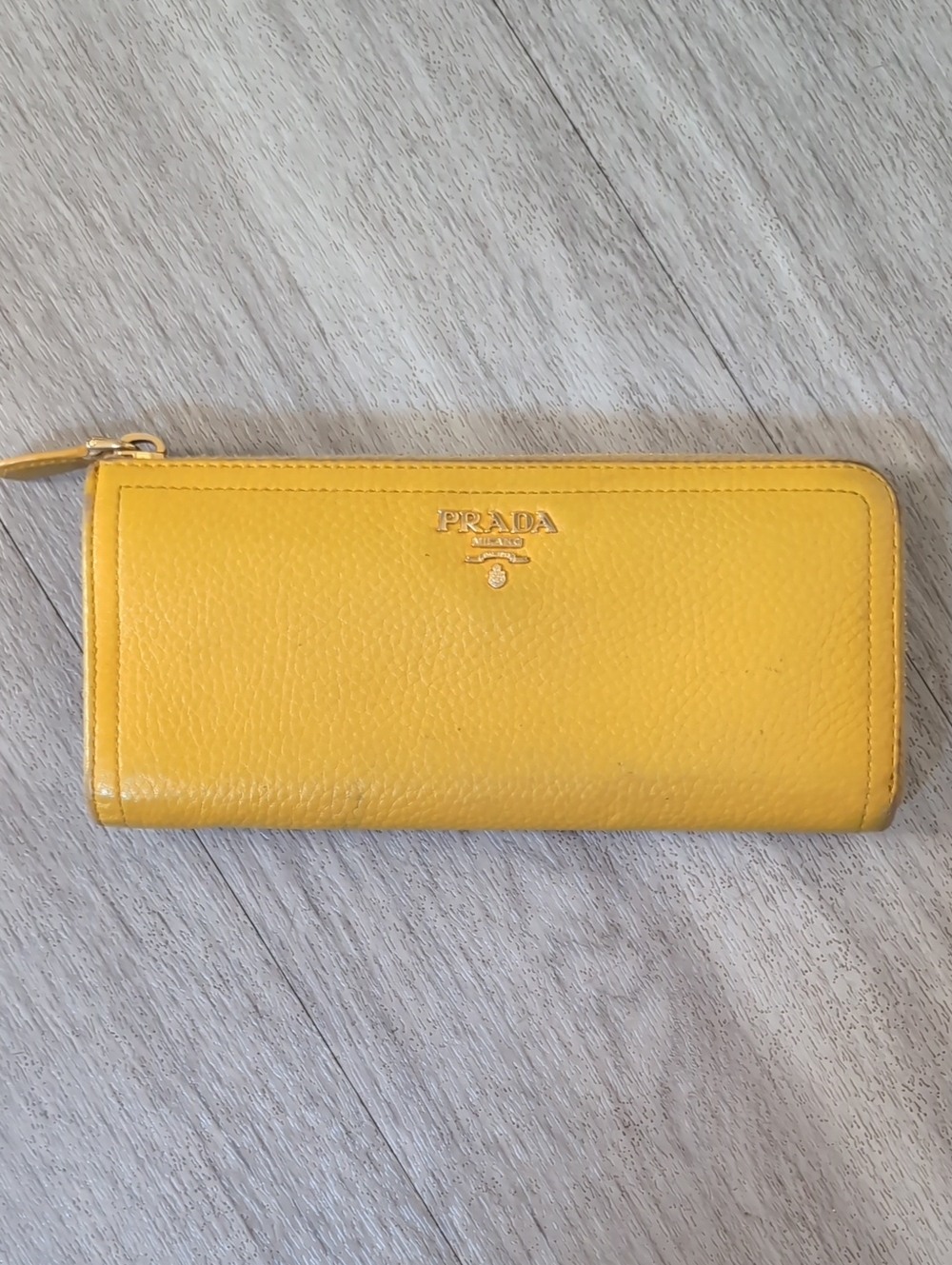 Prada Yellow Zip-Around Saffiano Leather Wallet with Gold Logo